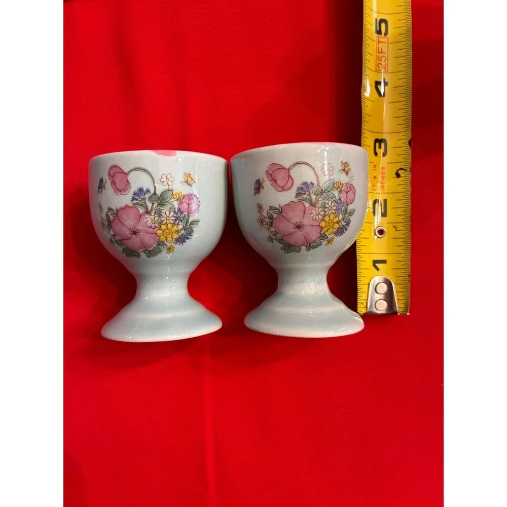 Vintage Floral Ceramic Pedestal Egg Cups Pair Blue Pink Butterfly Set of 2